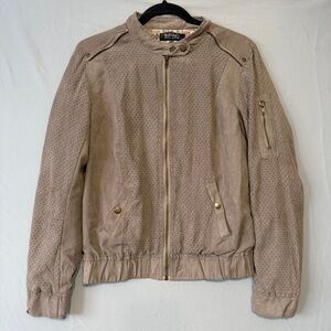 Buffalo David Bitton Womens Laser Cut Faux Leather Moto Jacket Size M Tan Bomber